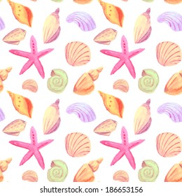 Sea shells watercolor seamless pattern. Vector.