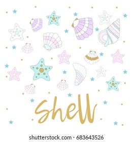 Sea shells with writing. Vector illustration.