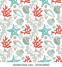 Sea shellsand corals. Ocean life. Seamless pattern. Summer print. Vector illustration.