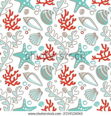 Sea shellsand corals. Ocean life. Seamless pattern. Summer print. Vector illustration.