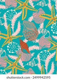 Sea shells,Delightful seamless pattern showcasing shells and starfish, hand-drawn with a cute touch. Great for textiles, banners, and wallpapers.