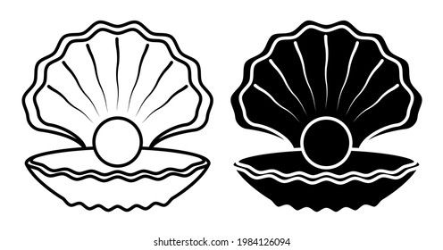 sea shining pearl icon and in open shell. Treasure of sea and ocean. Simple black and white vector