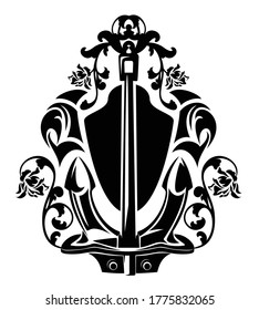 sea ship anchor among rose flowers with heraldic shield - maritime symbol black and white vector outline design