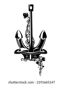 sea ship anchor among rose flower stems - maritime symbol black and white vector outline design
