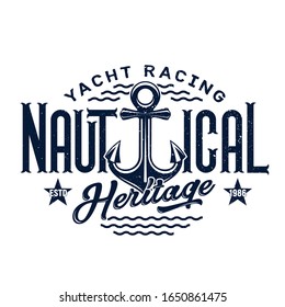 Sea ship anchor t-shirt print vector design of yacht racing nautical club apparel fashion. Sailing and yachting sport team uniform and regatta competition clothes with lettering and blue waves