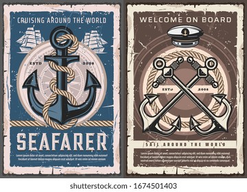 Sea ship anchors, sail boat helm and ropes, vintage nautical compass and captain hat vector design of marine travel and sailing sport. Vessel transport navigation equipment, yacht racing, ocean cruise