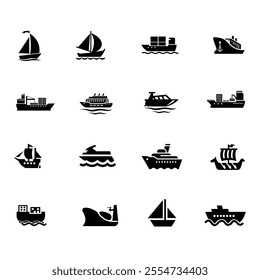 Sea ship and boat Icon Set.Logistic, ship, delivery, transportation, vessel icon. Water Transport Icons. Bundle of Water Voyage Solid Icons