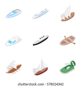 Sea ship, boat and yacht icons set. Isometric 3d illustration of 9 sea ships, boats and yacht vector icons for web