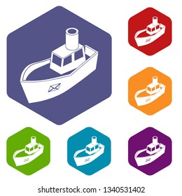 Sea ship delivery icons vector colorful hexahedron set collection isolated on white