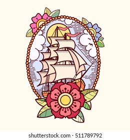 Sea ship with flowers, clouds and rope. Old school tattoo style. Tradition tattoo ink design.