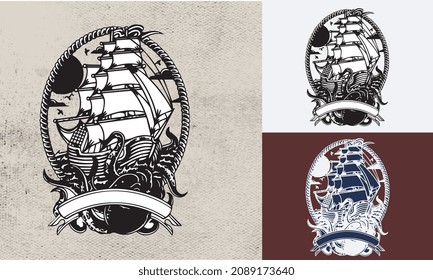 Barco marino con flores, estilo de tatuaje de la vieja escuela. Diseño de tinta de tatuajes tradicionales. Pasos 10