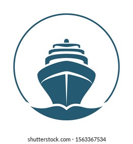 Sea ship graphic icon. Cruise liner in the circle sign isolated on white background.  Sea cruise symbol. Vector illustration