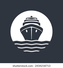 Sea ship graphic icon. Cruise liner in the circle sign isolated on black background.  Vector illustration