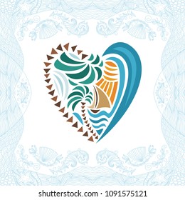 Sea ship palm tree and sun. Vector illustration