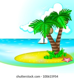 Sea with ship and palm trees