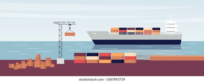 Sea ship port with cargo freight boat loaded with shipment containers and crane with merchandise on loading dock in bay pier. Flat water transport banner - vector illustration