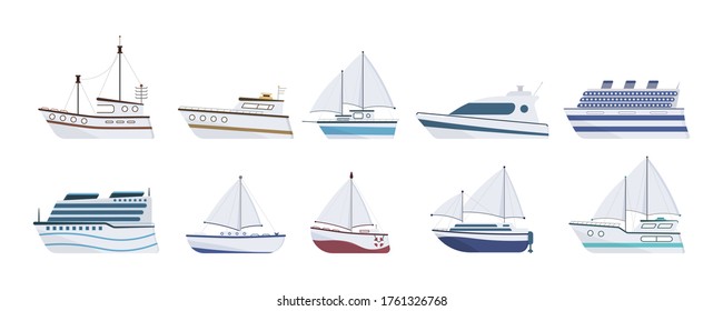 Sea ship. Set of flat yacht, boat, steamboat, ferry, fishing vessel, tugboat, pleasure boat, cruise ship. Sailboat isolated on white background. Ocean transport concept. Vector illustration, eps 10.