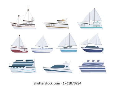 Barco marino. Yate plano, barco, barco de vapor, ferry, barco de pesca, remolcador, barco de recreo, barco de crucero. Barco de vela aislado de fondo blanco. Concepto de transporte marítimo. Ilustración vectorial, eps 10.