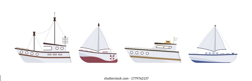 Sea ship. Set of flat yacht, boat, steamboat, ferry, fishing vessel, tugboat, pleasure boat, cruise ship. Sailboat isolated on white background. Ocean transport concept. Vector illustration, eps 10.