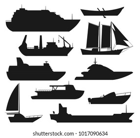 Sea ship silhouettes. Boats adapted to the open sea for coastal shipping, trade and travelling. Vector flat style cartoon illustration isolated on white background