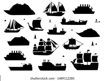 Sea ship silhouettes. Boats adapted to the open sea for coastal shipping, trade and travelling. Vector flat style cartoon illustration isolated on white background.