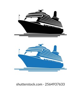 Sea ship silhouettes with white background, Cruise ship silhouette vector, Boat silhouette