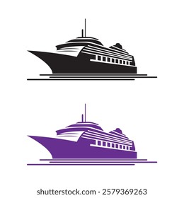 Sea ship silhouettes with white background and color versions Ship and marine boat black silhouette set. Small and large seagoing vessels. Vector art illustration