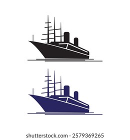 Sea ship silhouettes with white background and color versions Ship and marine boat black silhouette set. Small and large seagoing vessels. Vector art illustration