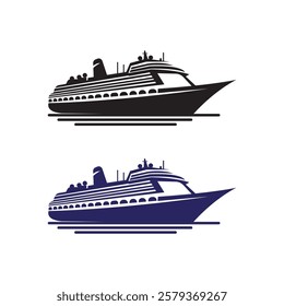 Sea ship silhouettes with white background and color versions Ship and marine boat black silhouette set. Small and large seagoing vessels. Vector art illustration