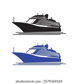 Sea ship silhouettes with white background and color versions Ship and marine boat black silhouette set. Small and large seagoing vessels. Vector art illustration