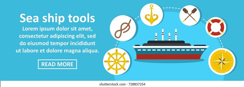 Sea ship tools banner horizontal concept. Flat illustration of sea ship tools banner horizontal vector concept for web design