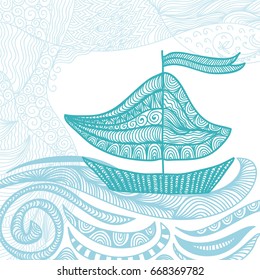 Sea and ship. Vector illustration.