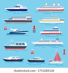 Sea ship. Vessel shipping, speedboating and yacht. Travelling or transportation, cruise and modern vessels. Water transport vector icons