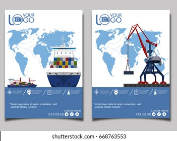 Sea shipping banner with port crane. Maritime container transportation, commercial transportation logistics. Worldwide freight shipping business company, global delivery service vector illustration