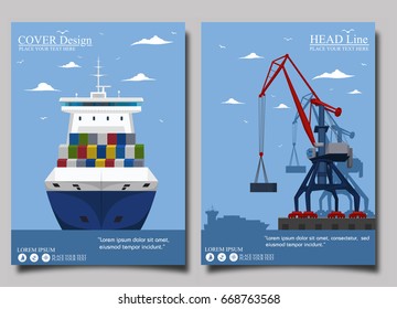 Sea shipping banner with port crane. Maritime container transportation, commercial transportation logistics. Worldwide freight shipping business company, global delivery service vector illustration