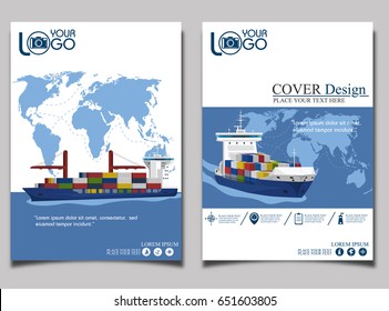 Sea shipping banner template set. Maritime container transportation, commercial transportation logistics. Worldwide freight shipping business company, global delivery service vector illustration