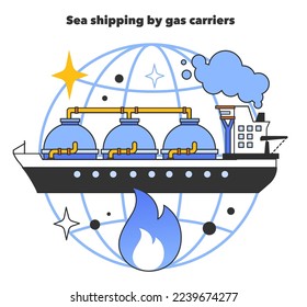 Sea shipping by gas carriers, LNG transportation. Liquefied natural gas logistics. Natural resource extraction industry. Fossil fuel and eco-friendly energy concept. Flat vector illustration