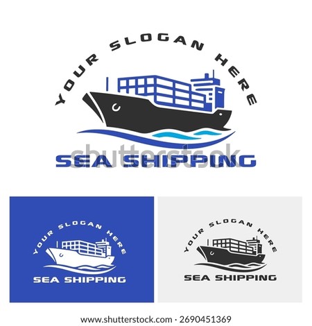 Sea Shipping Cargo Ship Logo Design with Container Vessel and Ocean Waves Icon