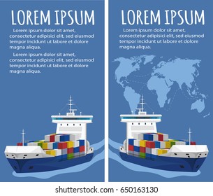 Sea shipping flyer template set. Maritime container transportation, commercial transportation logistics. Worldwide freight shipping business company, global delivery service vector illustration