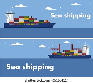 Sea shipping flyer template set. Maritime container transportation, commercial transportation logistics. Worldwide freight shipping business company, global delivery service vector illustration