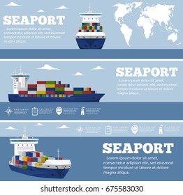 Sea shipping flyer template set. Maritime container transportation, commercial transportation logistics. Worldwide freight shipping business company, global delivery service vector illustration