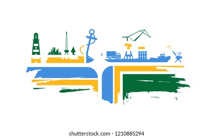 Sea shipping and industry relative silhouettes. Portland city flag.