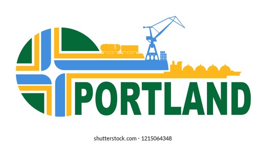 Sea shipping and industry relative silhouettes. Portland city flag.