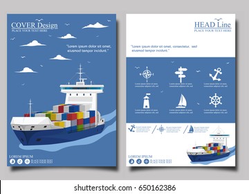 Sea shipping poster template set. Maritime container transportation, commercial transportation logistics. Worldwide freight shipping business company, global delivery service vector illustration