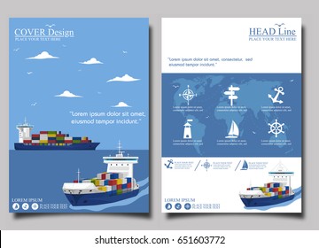 Sea shipping poster template set. Maritime container transportation, commercial transportation logistics. Worldwide freight shipping business company, global delivery service vector illustration