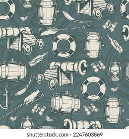 Sea ships adventure monochrome pattern seamless with cannon mortars and barrels beer for pirate near oars and lifebuoys vector illustration