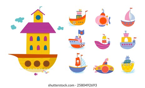 Sea ships, boats and submarine. Various marine nautical transport, children toys. Bright isolated vessels, doodle childish stickers vector collection