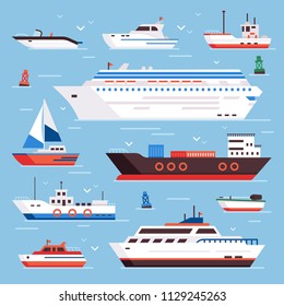 Sea Ships. Cartoon Boat Powerboat Cruise Liner Navy Shipping Ship Sailing Yacht Speed Floating Sea Buoy Vessel And Marine Sail Fishing Boats Isolated Front View Vector Illustration Colorful Sign Set