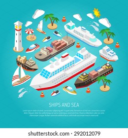 Sea and ships with ferries cargo boats yachts and beaches isometric concept vector illustration 