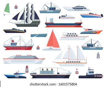 Sea ships. Fishing boat and big vessel for ocean travel on white background design isolated vector floating shipping set